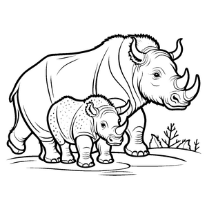 Freundliches Wollnashorn mit liebevollem Kalb im Wasser Ausmalvorlage für umweltbewusste Tierfreundinnen und -freunde