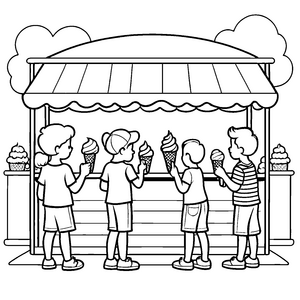 Fröhliche Kinder genießen Eiscreme vor dem Stand Malvorlage für kleine Genussforscher