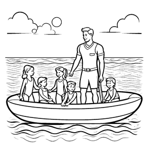 Vater mit fröhlicher Familie im Boot Ausmalmotiv für kleine Wasserliebhaber