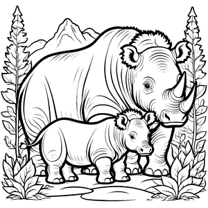 Schützendes Wollnashorn mit ihrem neugierigen Kalb Ausmalmotivation für junge Tierforscher