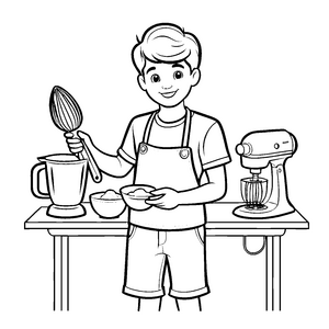 Kleiner Küchenprofi mit Handmixer und Teigschüssel Ausmalbild für fantasievolle Köche