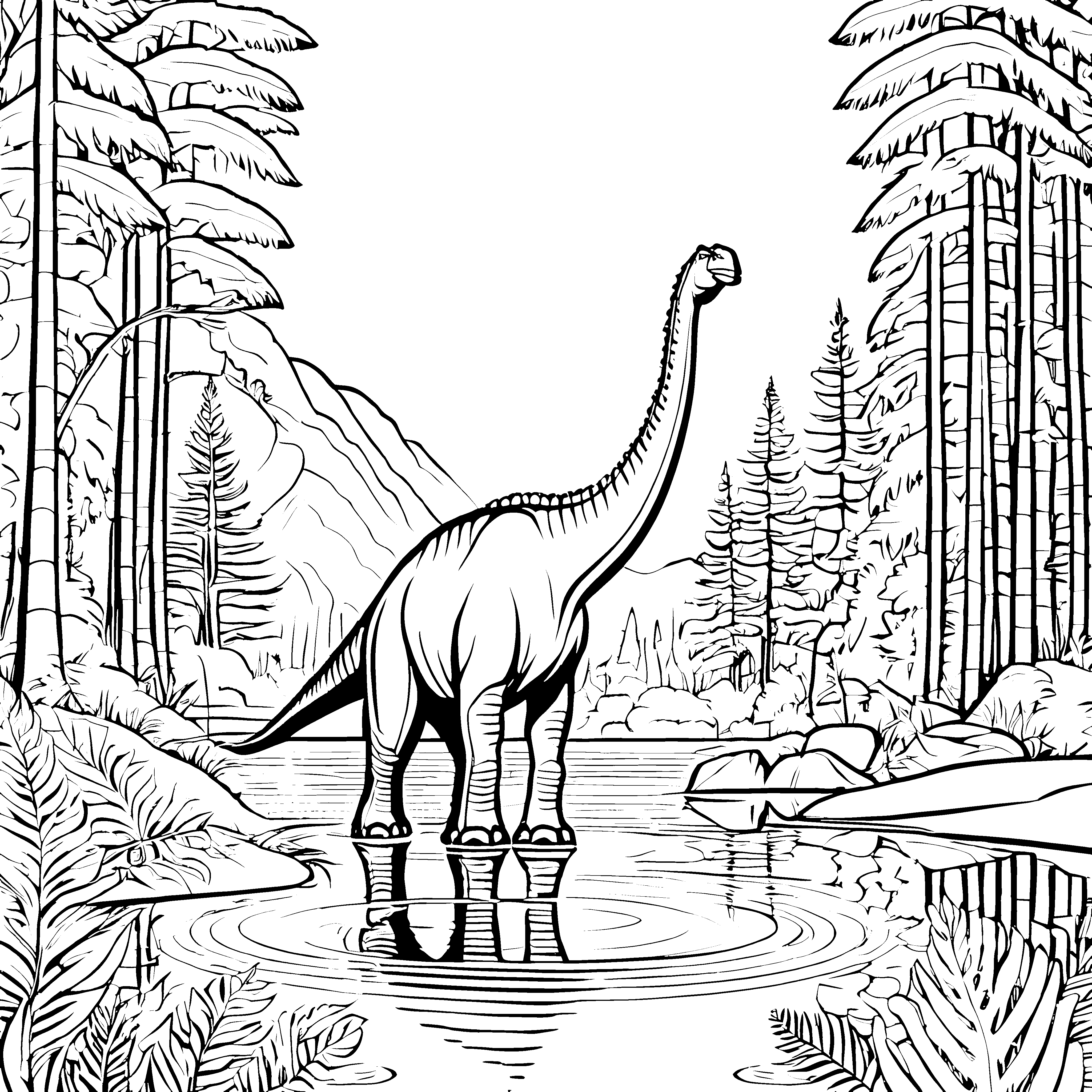 Riesiger Brachiosaurus im sprudelnden Wasser Ausmalmotiv für kleine Naturentdecker mit Abenteuergeist