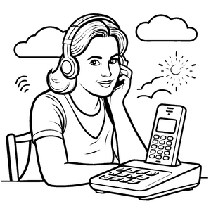 Moderne Frau mit Kopfhörern am Festnetztelefon Ausmalvorlage für tech-affine Träumer