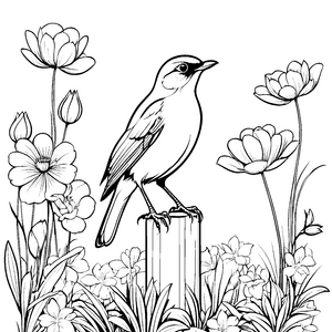 Schillernder Vogel auf Säule mit zarten Blumen Ausmalvorlage für kleine Kunstzauberer