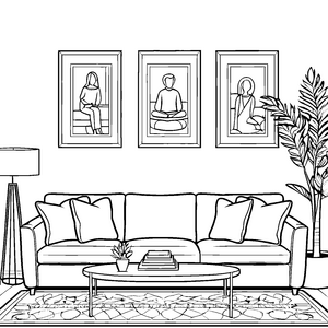 Harmonisches Dreisitzer-Sofa mit entspannter Meditationsszene Ausmalmotiv für achtsame Entdecker