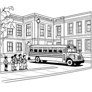 Schulbus mit freudigen Kindern an der Haltestelle Ausmalbild für kleine Reiseabenteurer