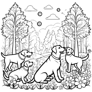 Drei lebhafte Hunde im Wald beim Frisbee-Spiel Ausmalvorlage für abenteuerlustige Tierfreunde