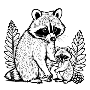 Bezaubernde Waschbär-Mama hält ihr niedliches Baby Ausmalbild für kleine Abenteurer