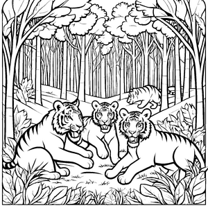 Drei verspielte Säbelzahntiger-Babys im Wald Ausmalvorlage für kleine Naturforscher und kreative Pfadfinder