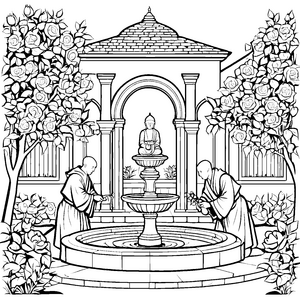 Faszinierende Männer bei der Gartenbrunnen-Pflege Ausmalvorlage für kreative Naturfreunde