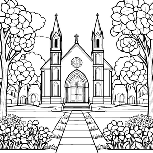 Imposante Kirche mit majestätischem Turm Ausmalvorlage für kreative Entdecker voller Ideen