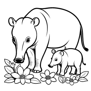 Charmantes Tapir Elternpaar mit ihrem süßen Baby Ausmalvorlage für entdeckungsfreudige Naturkünstler und kleine Tierliebhaber