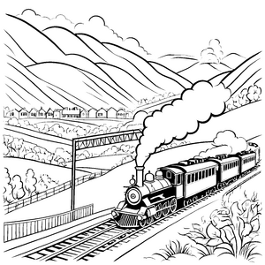 Dampflokomotive rollt mit voller Kraft durch idyllische Landschaft Ausmalmotiv für abenteuerliche Entdecker von Geschichten