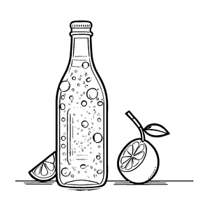 Sprudelnde Getränkeflasche mit fruchtiger Begleitung Ausmalbild für kleine Entdecker der Genusswelt