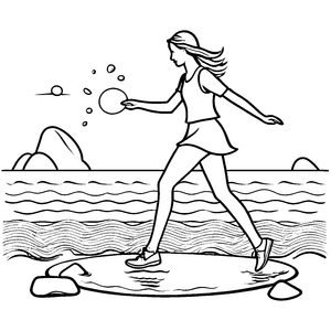 Bezaubernde Frau mit Frisbee und Bubbles am Strand Ausmalmotiv für kreative Sonnenanbeter