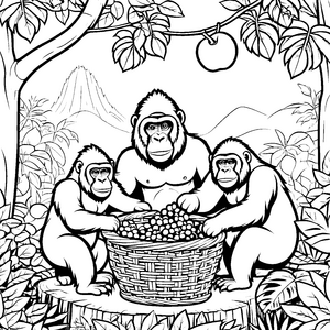 Drei neugierige Gorillas um einen Bananenkorb Ausmalbild für kleine Feinschmecker und Entdecker