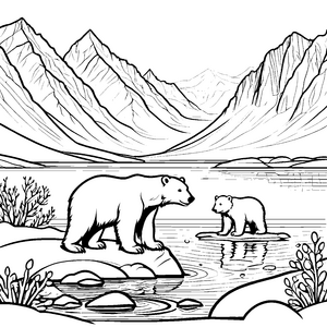 Wunderbare Eisbären am glitzernden Wasserfall Ausmalbild für fantasievolle Naturforscher mit großen Träumen