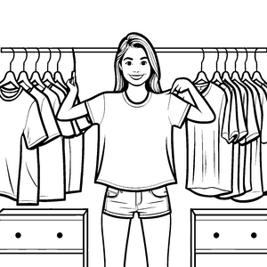 Modebewusste Frau mit T-Shirts vor dem Kleiderschrank Ausmalbild für stilvolle Outfit-Gestalter