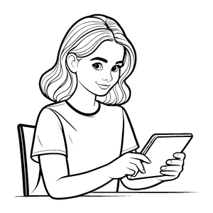 Dynamische Frau mit Tablet und kreativen Ideen Ausmalvorlage für innovative Entdecker