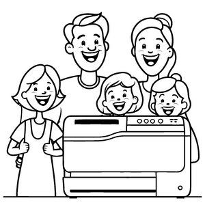 Fröhliche Familie um den Drucker versammelt Ausmalvorlage für kleine Erfinder