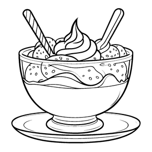 Schmackhafter Eisbecher mit Schokolade und Sahne Ausmalvorlage für kleine Dessert-Entdecker auf süßer Reise
