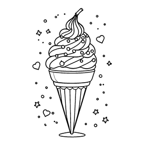 Leckeres Softeis mit cupcakes und funkelnden Sternen Malvorlage für fantasievolle Naschkatzen
