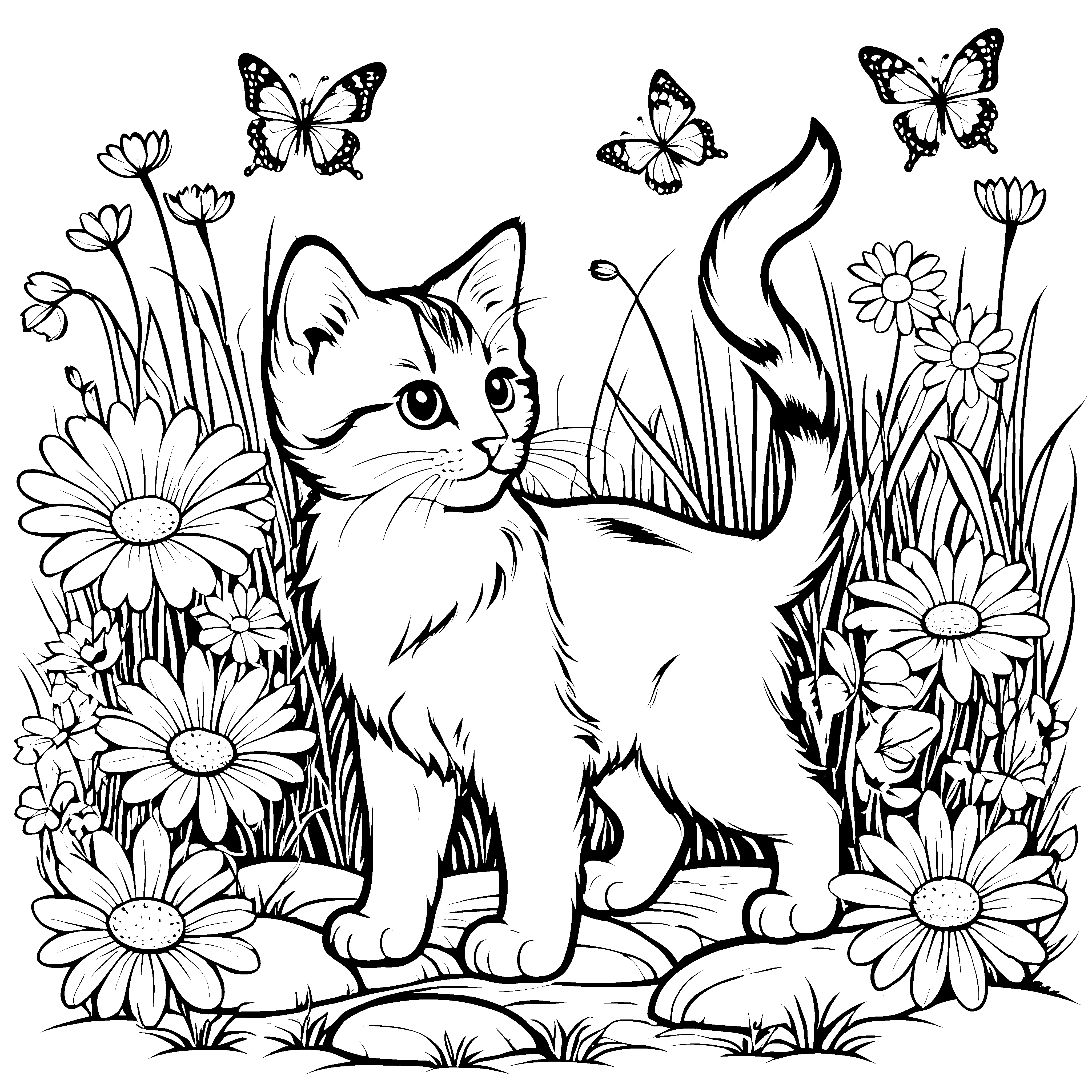 Schwarzes und weißes Kätzchen zwischen Blumen Ausmalbild für junge Katzenentdecker