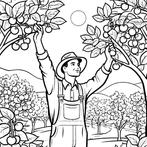 Verwegener Obstpflücker mit prallen Äpfeln im Baum Ausmalmotiv für kleine Entdecker und Abenteuerlustige