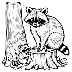 Süßes Waschbär-Baby auf einem Baumstumpf Ausmalvorlage für fantasievolle Tierfreunde