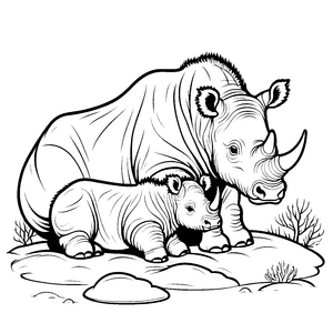 Schützendes Wollnashorn mit ihrem neugierigen Kalb auf Felsen Ausmalvorlage für fantasievolle Naturentdecker und kreative Köpfe