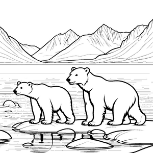 Zwei neugierige Eisbären am klaren Bergsee Ausmalvorlage für kleine Forscher mit Abenteuerdrang
