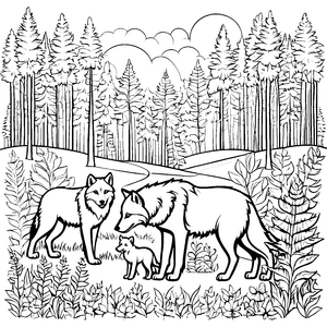 Familie von Wölfen im geheimnisvollen Wald Ausmalmotiv für neugierige Naturentdecker