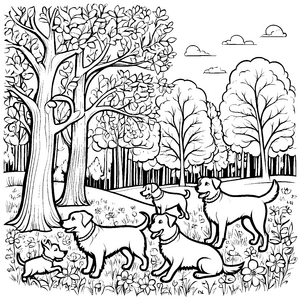 Fünf fröhliche Hunde unter einem schattigen Baum Ausmalmotiv für lebensfrohe Naturentdecker