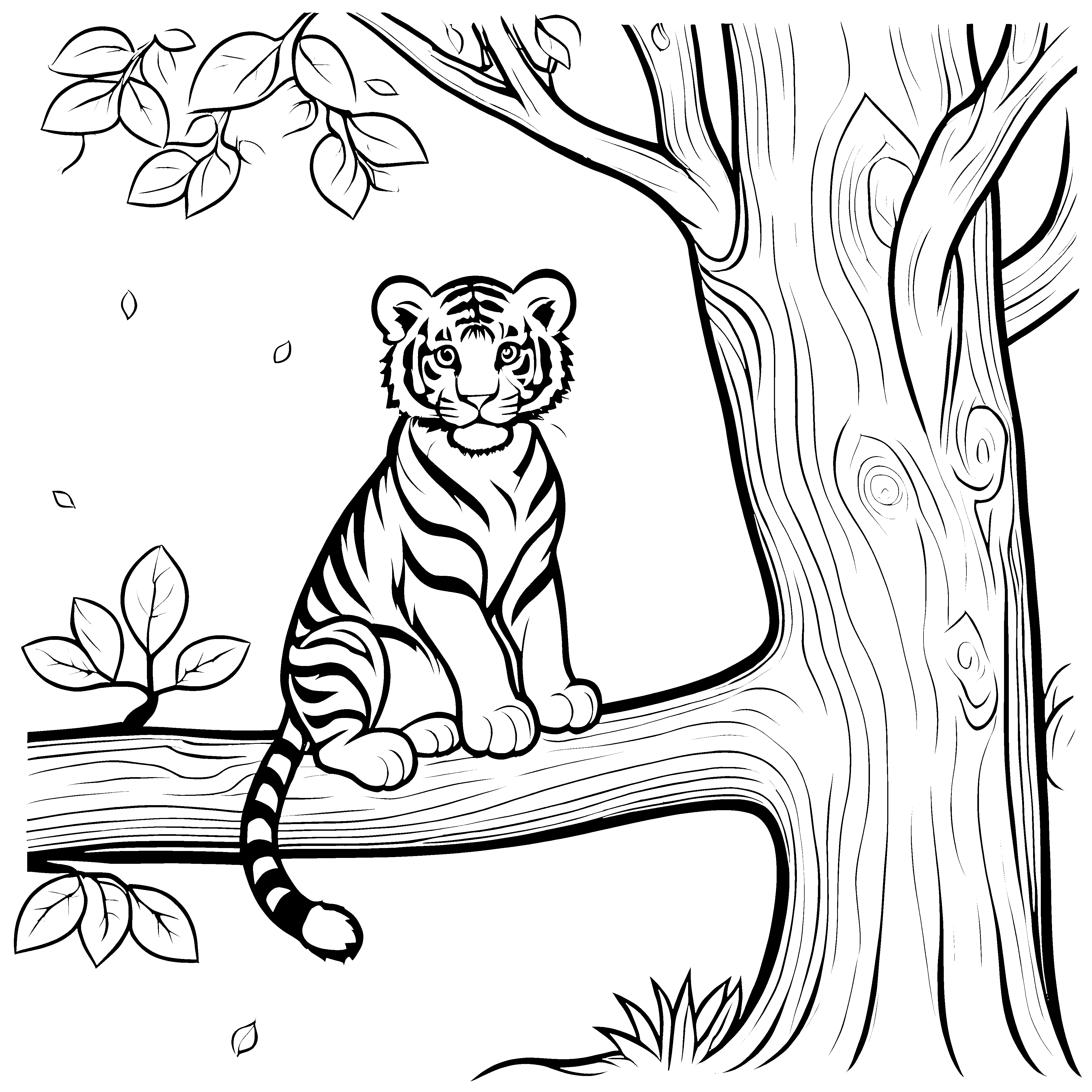 Aufmerksames Tigerbaby auf einem Baumast Ausmalvorlage für neugierige Entdeckerherzen