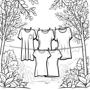 Sechs modische T-Shirts auf der Wäscheleine Ausmalbild für kleine Designliebhaber