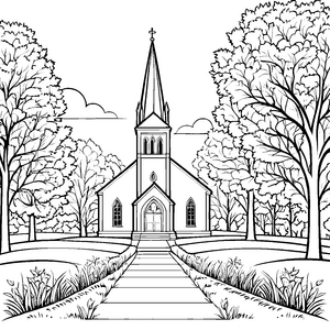 Majestätische Kirche mit hohen Fenstern Ausmalmotiv für kleine Gläubige