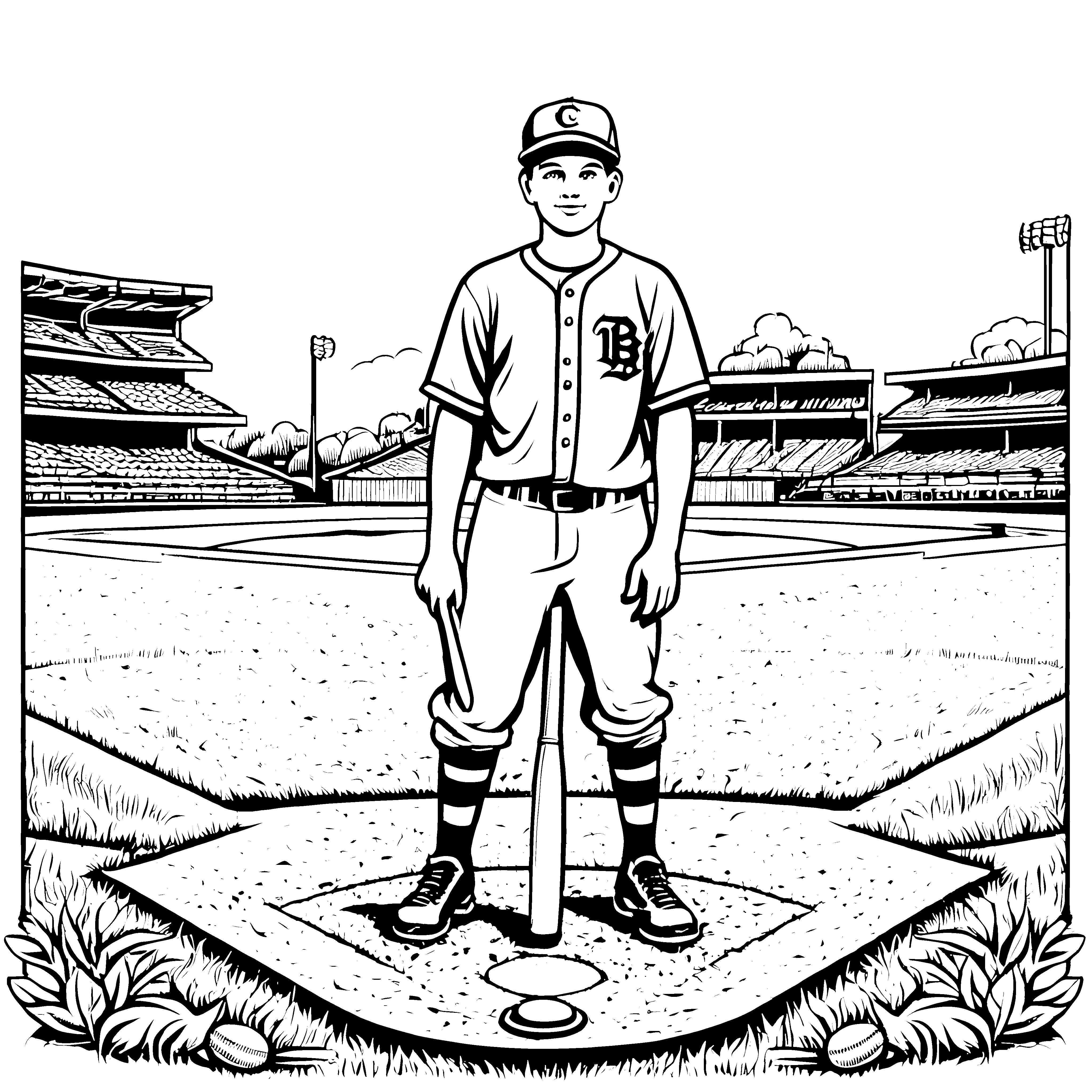 Flinker Baseballspieler im aufregenden Spielgeschehen Ausmalvorlage für dynamische kleine Sportler
