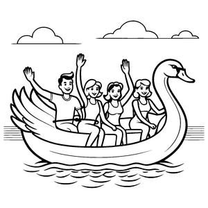 Sechs fröhliche Entdecker im Enten-Tretboot Ausmalmotiv für abenteuerlustige Kinder