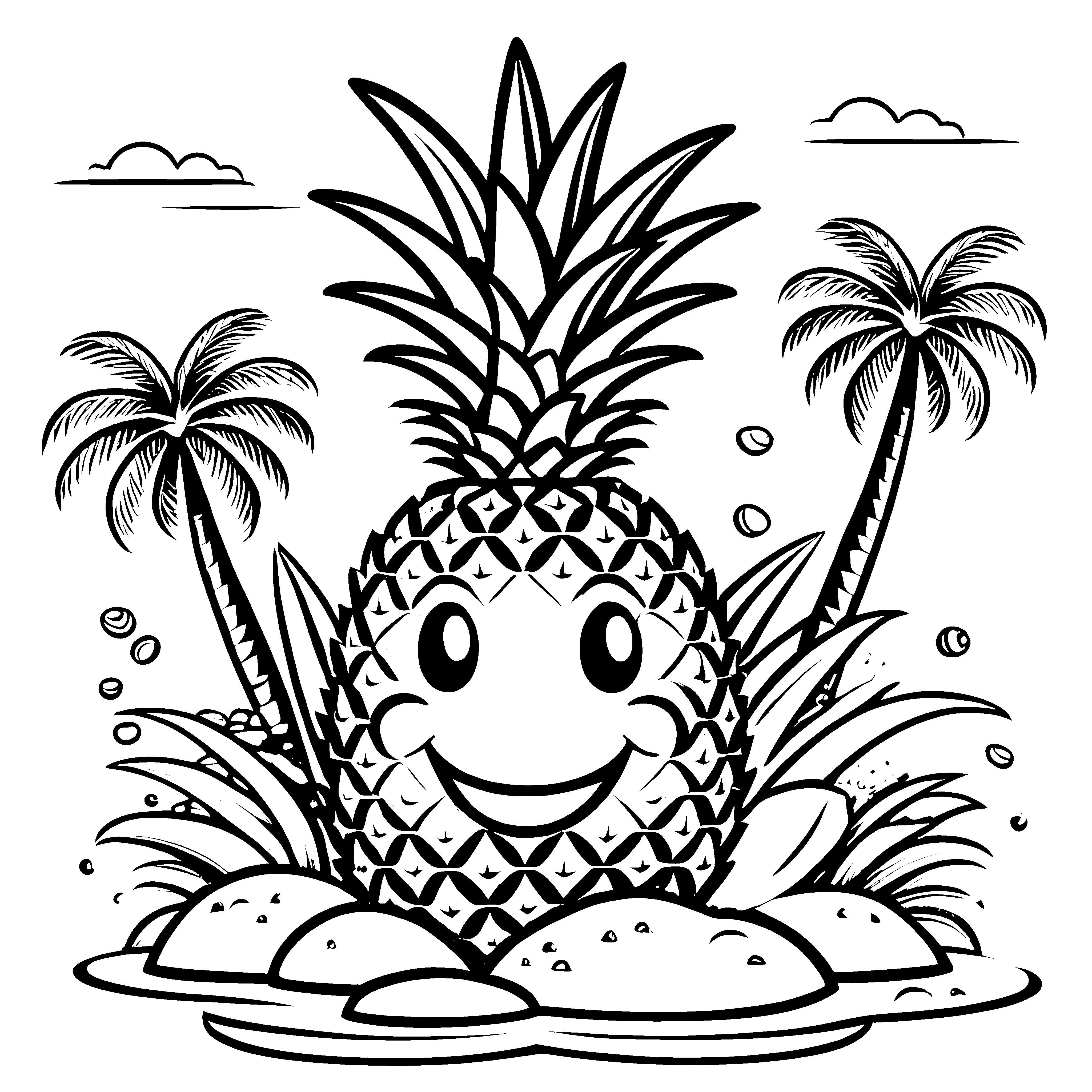 Lustige Ananas mit Fratze im coolen Baum Ausmalbild für fröhliche Entdecker