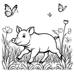 Verspieltes Wildschwein-Baby in blühendem Gras Ausmalbild für kleine Tierliebhaber