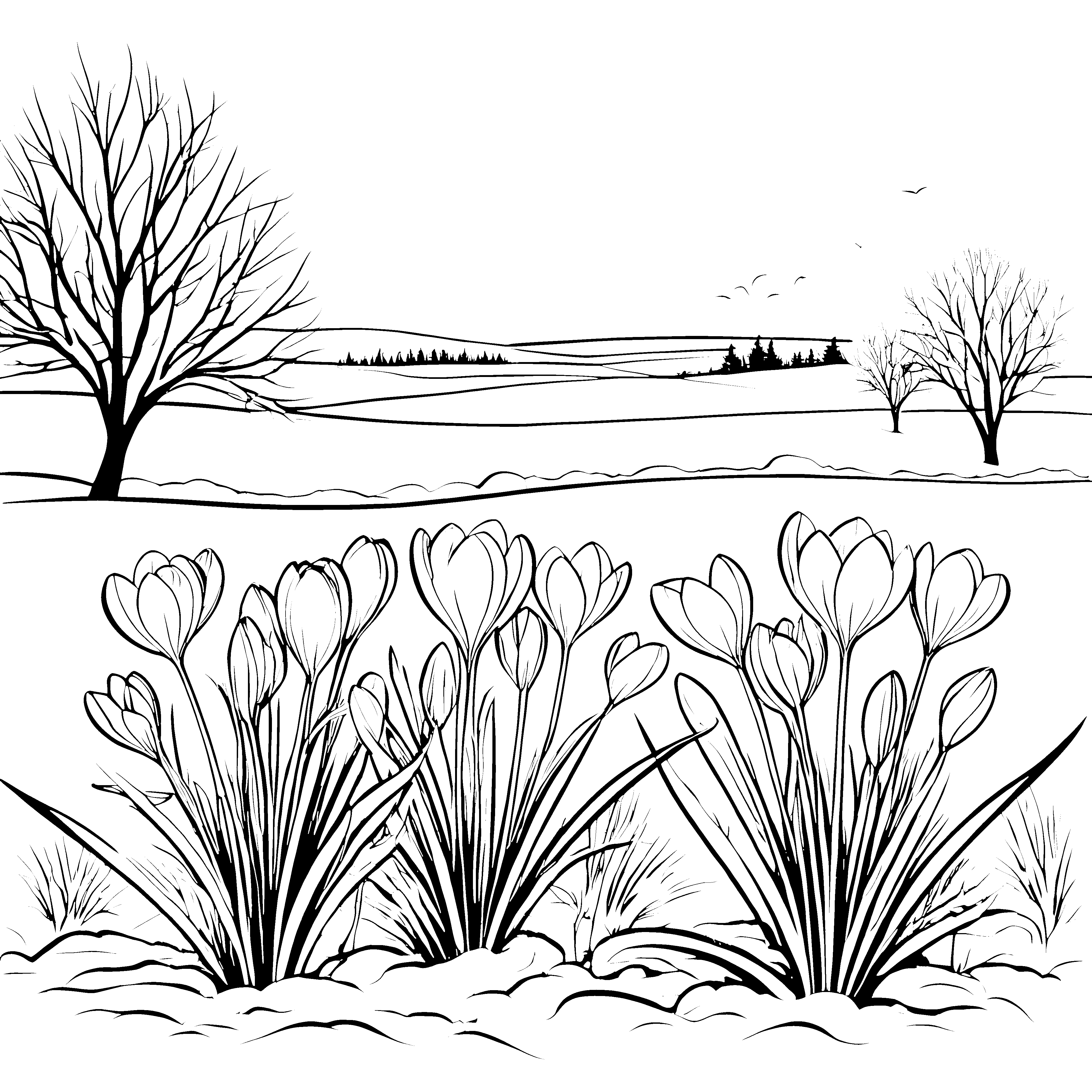 Bezaubernde Krokusse in blühender Wiesenlandschaft Ausmalmotiv für fantasievolle Blumenliebhaber mit großen Abenteuern