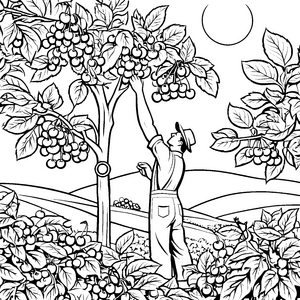 Sorgfältiger Mann beim Pflücken reifer Kirschen Malvorlage für neugierige Obstliebhaber