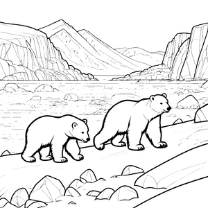 Zwei neugierige Eisbären an schimmerndem Wasser Ausmalbild für abenteuerlustige kleine Entdecker mit großen Träumen