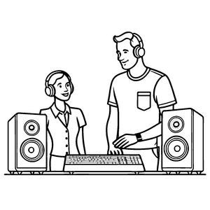 Kreatives Duo mit Headsets und Lautsprechern Malvorlage für neugierige Tech-Fans