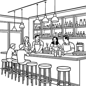 Bezaubernde Bartender beim Mixen von Cocktails Ausmalmotiv für kleine Genießerinnen und Genießer