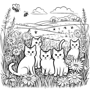 Fünf neugierige Katzen im blühenden Feld Malvorlage für kleine Entdecker und blumige Künstler