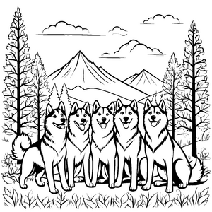 Fünf beeindruckende Huskys im verschneiten Wald Malvorlage für abenteuerlustige Tierliebhaber