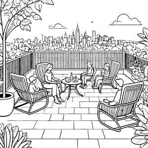 Lebhafte Terrasse mit fröhlicher Familienstunde Ausmalvorlage für neugierige Ausmalfreunde