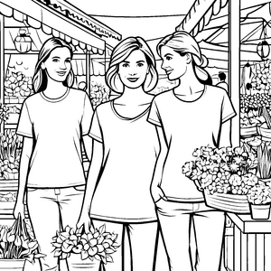 Blühende Frauen im Blumenladen mit frischen Bouquets Malvorlage für fantasievolle Blumenfreunde