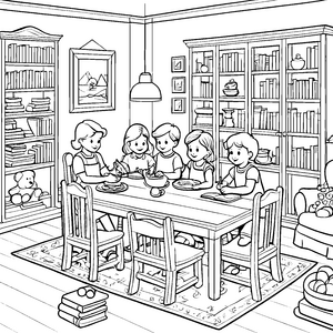 Familie am großzügigen Massivholztisch beim Abendessen Ausmalbild für träumerische Geschichtenerzähler und kleine Genussfreunde